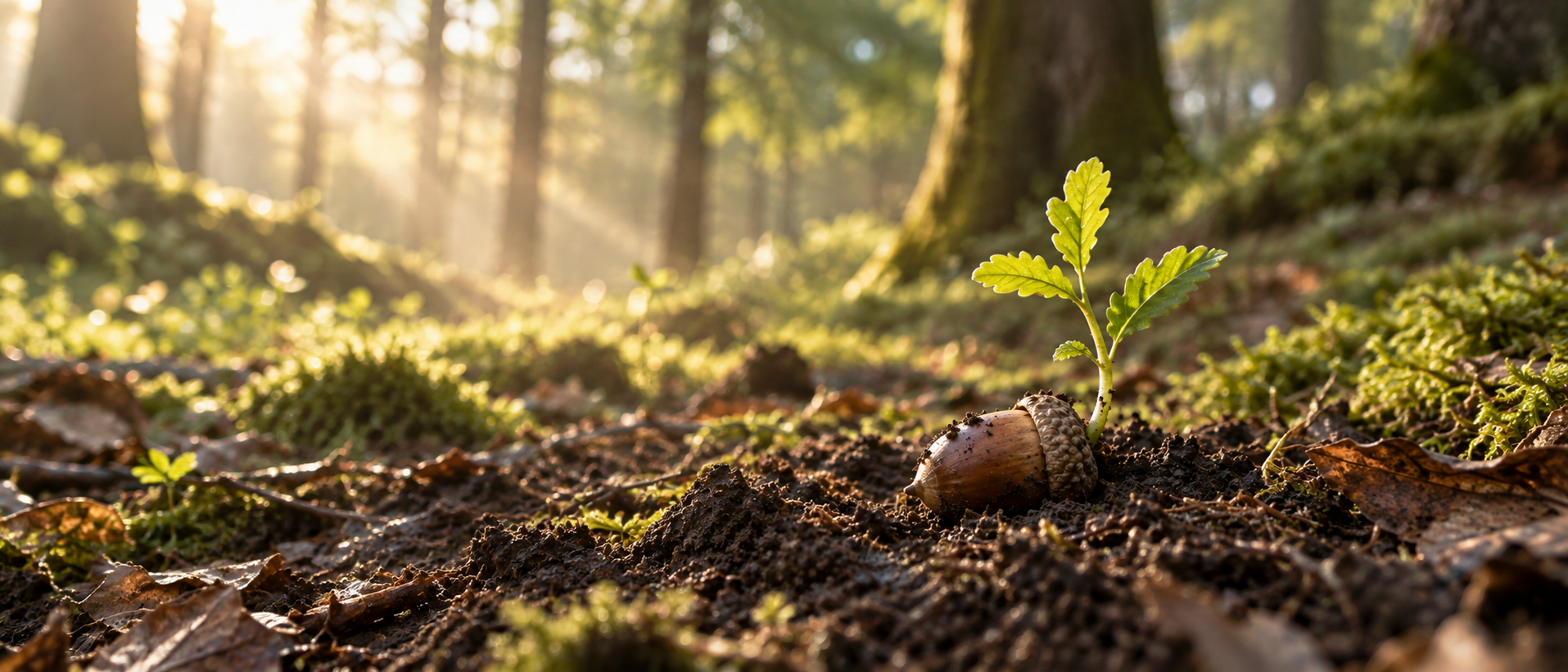 A young oak shoot growing from an acorn in gentle woodland sunlight